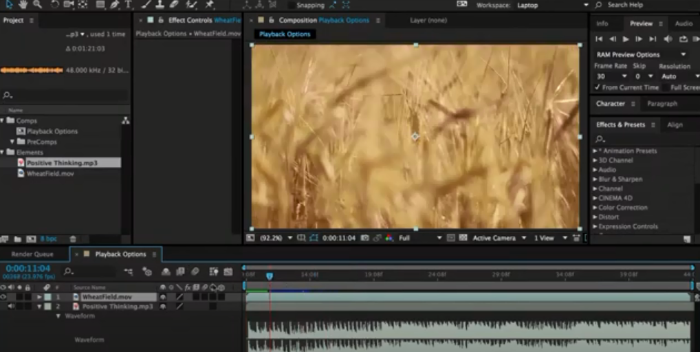 the video playback workspace in After Effects