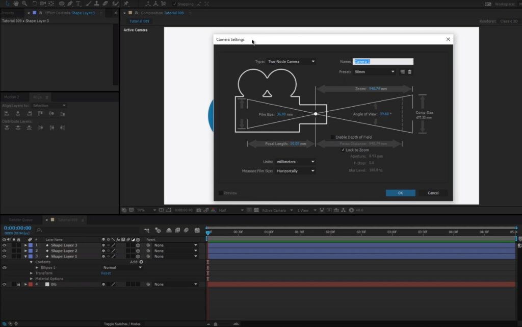 the Camera Settings box with camera types in After Effects